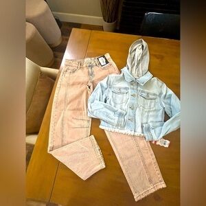 NWT Target Kid Girls denim jacket and pink barrel jeans
